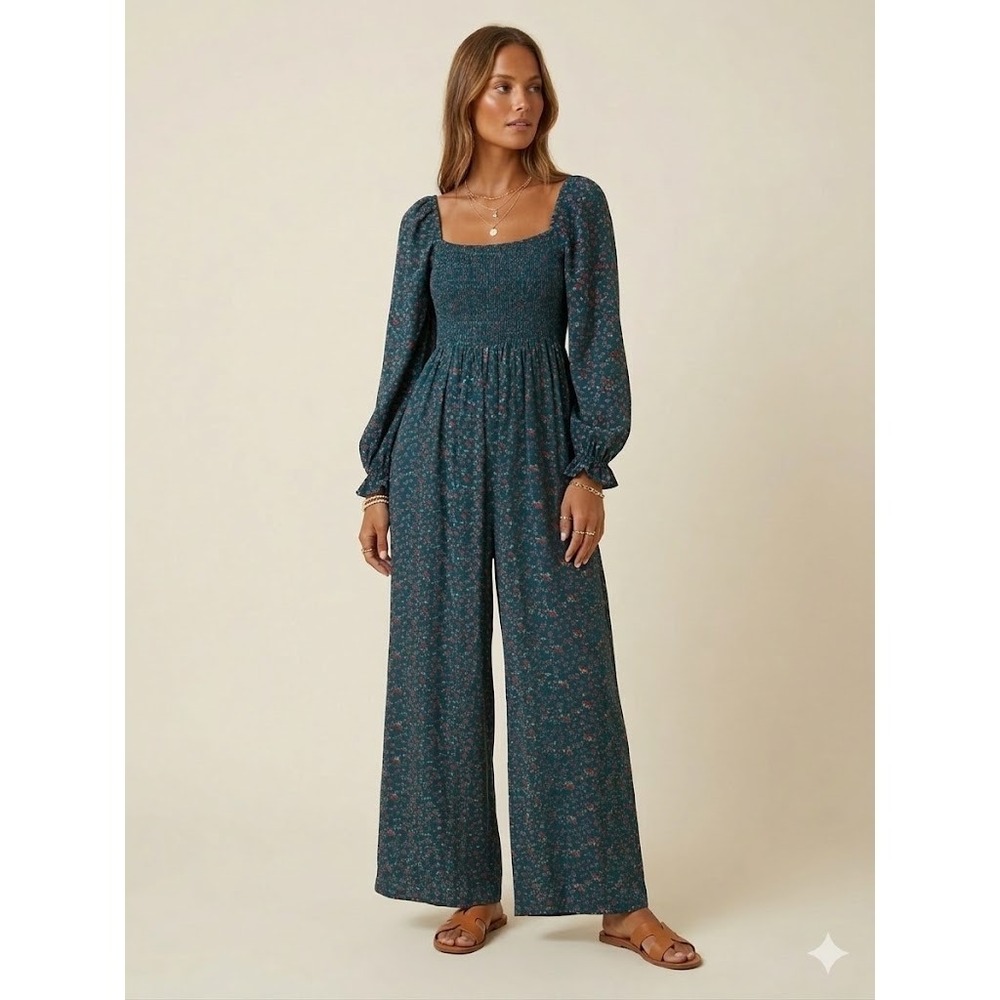 Elloh Boho Cottagecore Floral Smocked Wide Leg Puff Sleeve Jumpsuit‎ Teal - S